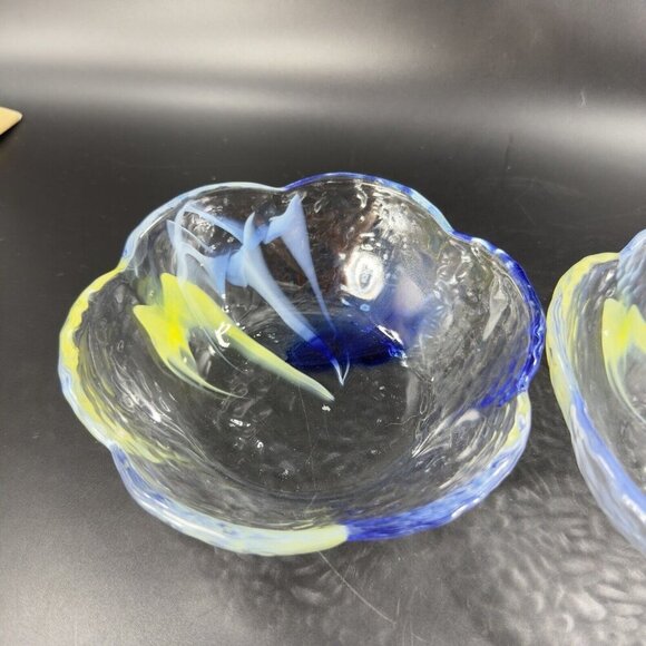 Vintage Aderia Glass Bowl Set 2 Made In Japan Clear Blue Yellow Swirls Ruffled - Picture 9 of 16